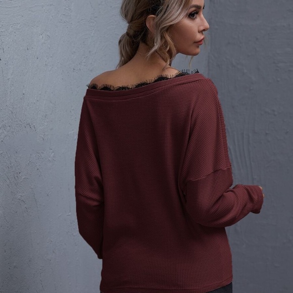 Black eyelash lace detail off shoulder waffle top - Picture 7 of 14